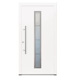 Weiße FM Türen Haustür AS68 mit Glas, Edelstahlgriff und Beschlägen (links)