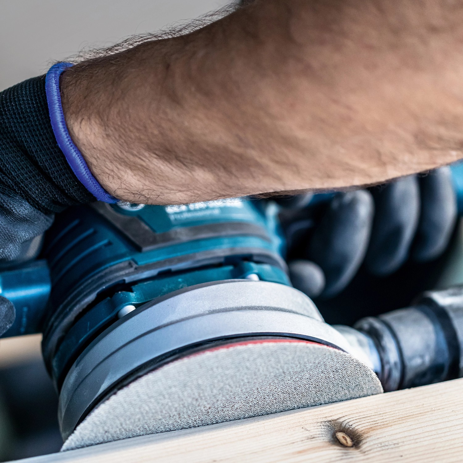 Bosch Expert Netzschleifblatt-Set im Einsatz: Exzenterschleifer mit Schleifpapier bearbeitet Holz.