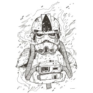 Schwarz-weißes Star Wars Poster: Pilot im Cockpit, gezeichnet im Comicstil, 50x70 cm.
