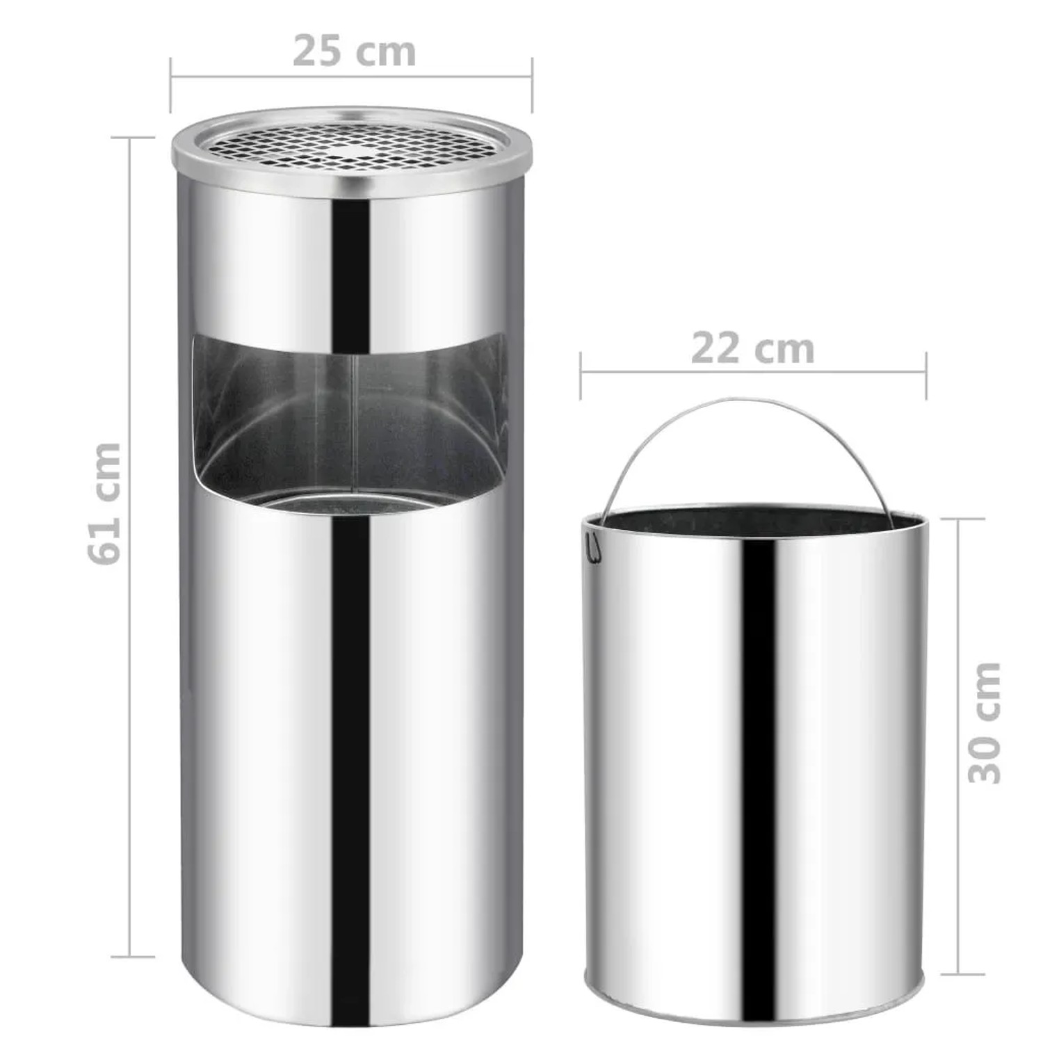 DELUKE Standaschenbecher für draußen, 30L, Edelstahl, mit Inneneimer. Silberfarben.