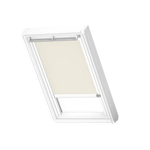 Velux Verdunkelungsrollo, beige-weiß, mit Schiene für Dachfenster.
