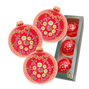 Rote Krebs Glas Lauscha Weihnachtskugeln mit Herzdekor, 3er-Set, 8cm. Christbaumkugeln im Set.