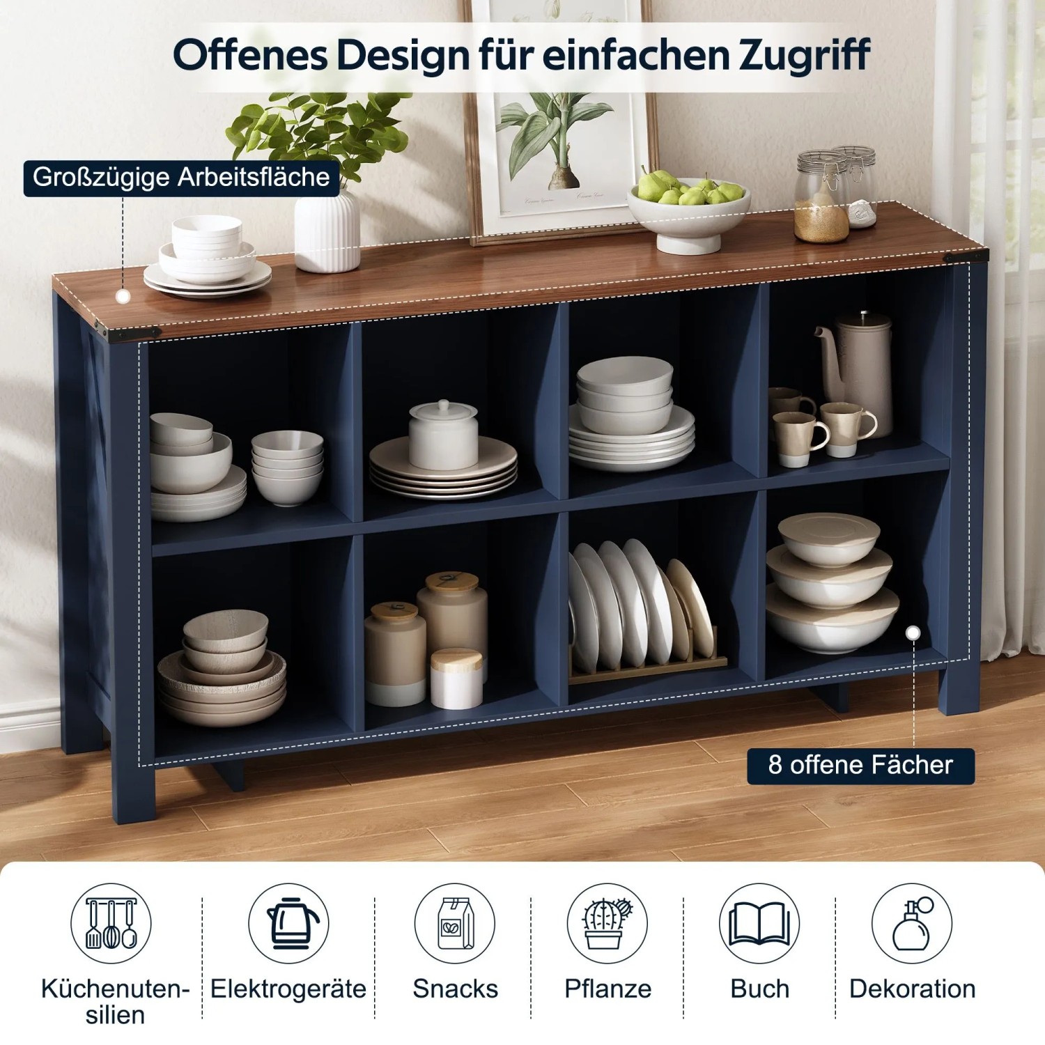 Merax Organizer Regal 140x34x75 cm 8 Staufächer Küche Wohnzimmer Esszimmer_7