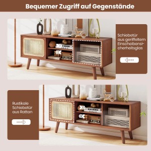 Costway Bambus TV-Schrank braun mit Rattan- & Glasschiebetür. Rustikales Design, Stauraum für Wohnzimmer.