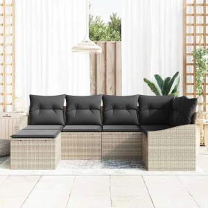 Hellgraues 6-tlg. vidaXL Garten Lounge Set aus Poly Rattan mit dunklen Kissen und Stauraum.