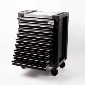 Schwarzer Mephisto ProLine Werkzeugwagen mit 9 Schubladen und Werkzeug.