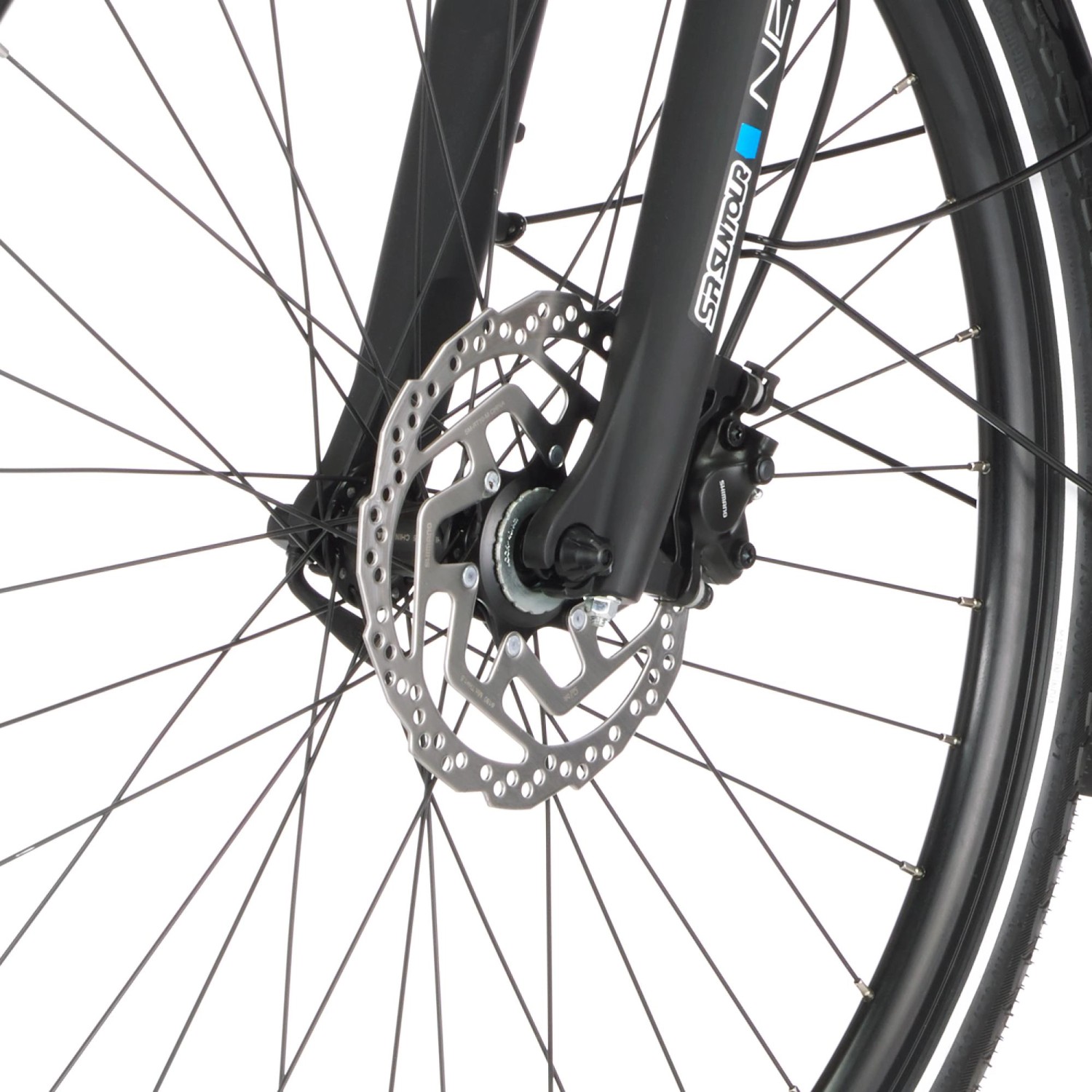 Detailaufnahme der hydraulischen Scheibenbremse am Vorderrad des Fischer E-Bike Viator 5.0i.