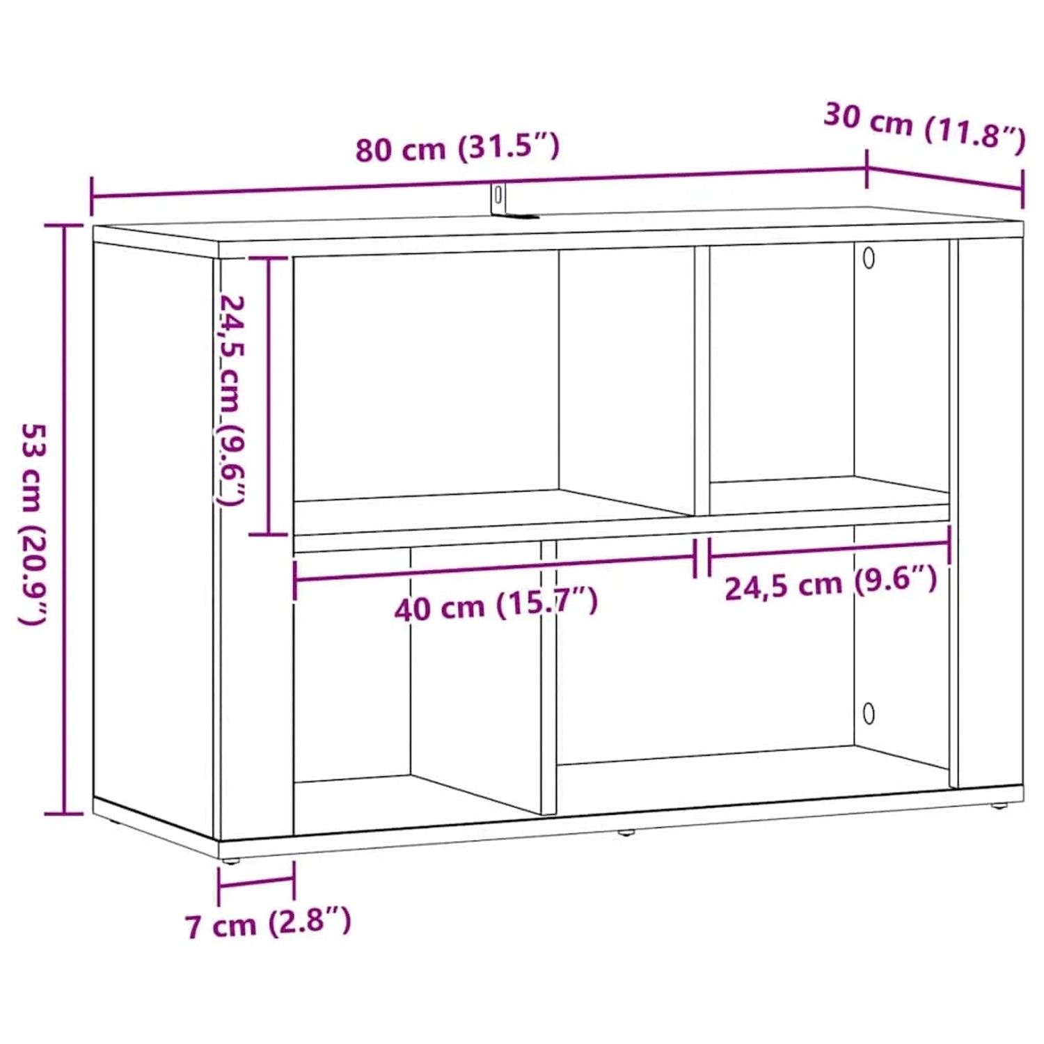 vidaXL Sideboard aus Holzwerkstoff 80x30x53 cm: Skizze mit vier offenen Fächern und Maßen.