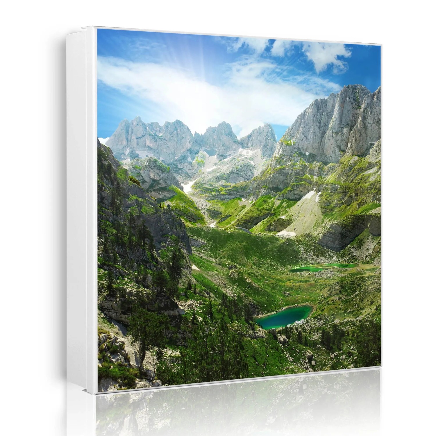 Banjado Großer Schlüsselkasten Metall 30x30cm Weiß Scharnier Rechts 50 Haken Beschreibbar Magnetisch Motiv Bergsee Alpen