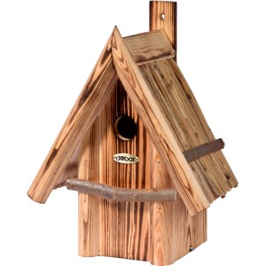 Geflammter Dobar Nistkasten aus Kiefernholz mit Schilfdach für Meisen und andere Gartenvögel.