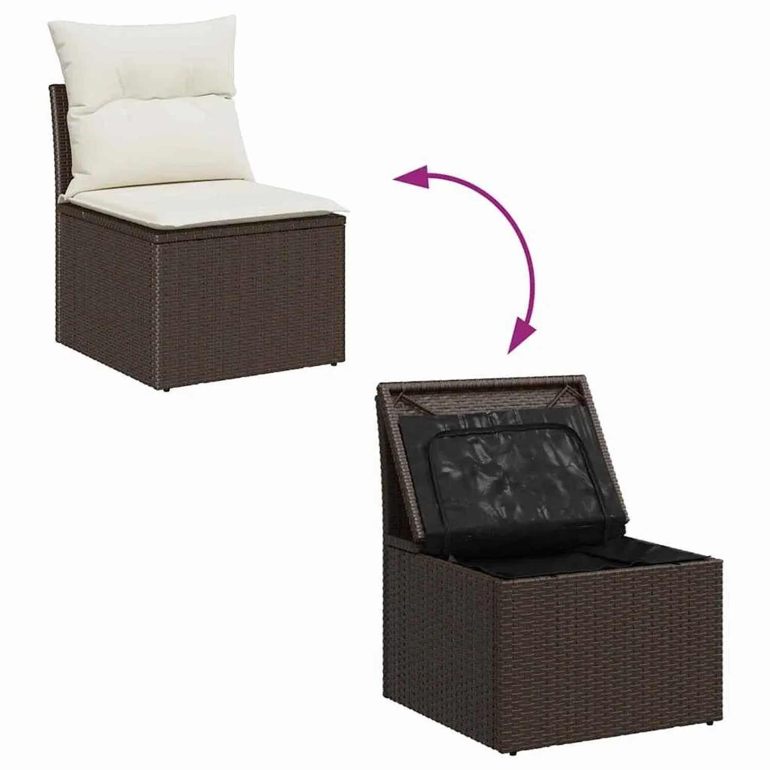 Braunes vidaXL Gartenmöbel-Set aus Polyrattan mit Kissen und Stauraum.