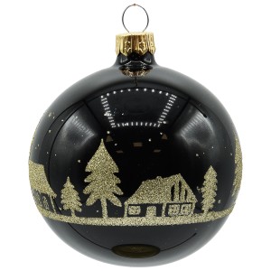 Schwarze, glänzende Weihnachtskugel (Ø 8cm) mit goldfarbenem Winterdorf-Motiv.