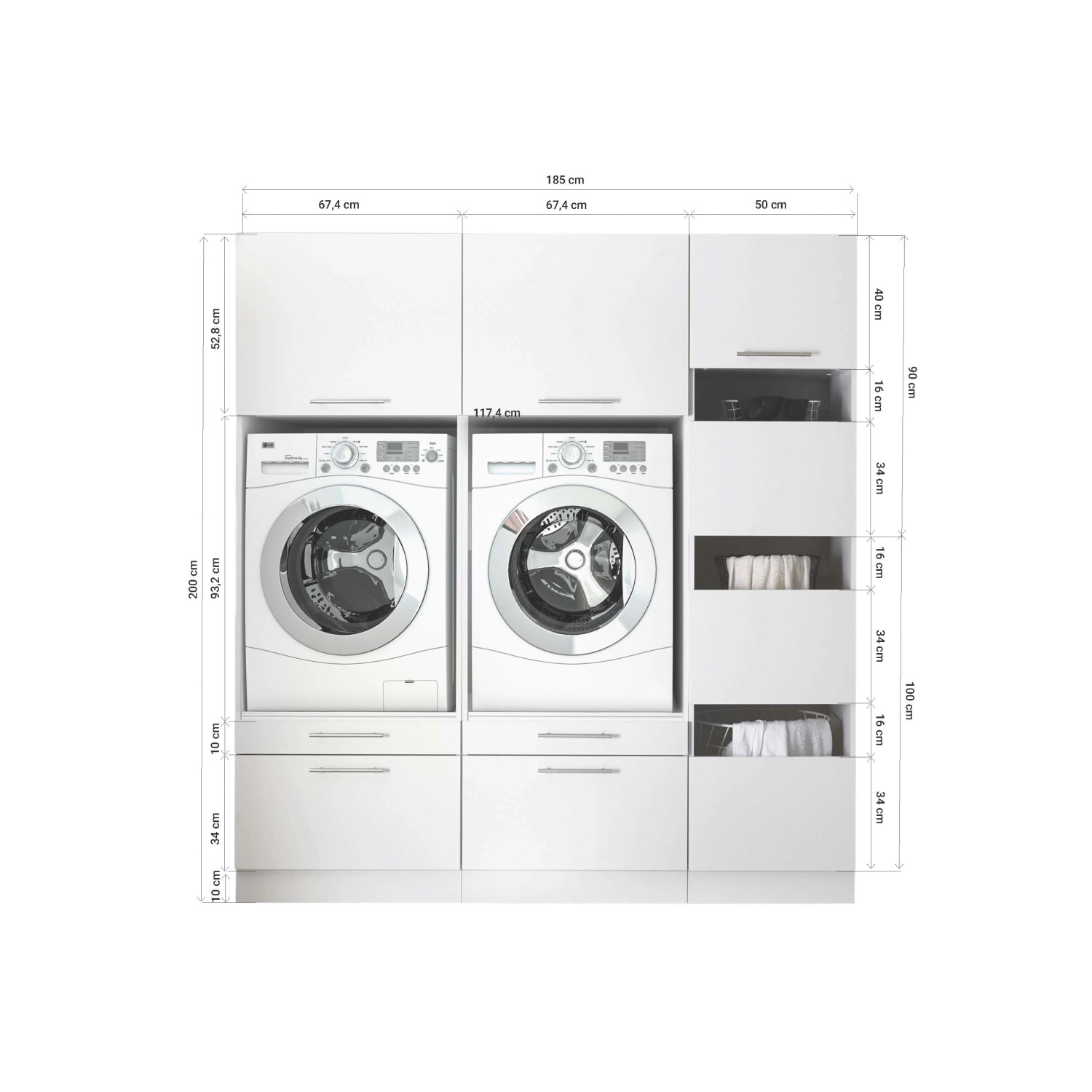 Respekta Hauswirtschaftsraum Set Clara, 200cm breit, weiß matt, mit Waschmaschinenschränken und Wäscheschrank.