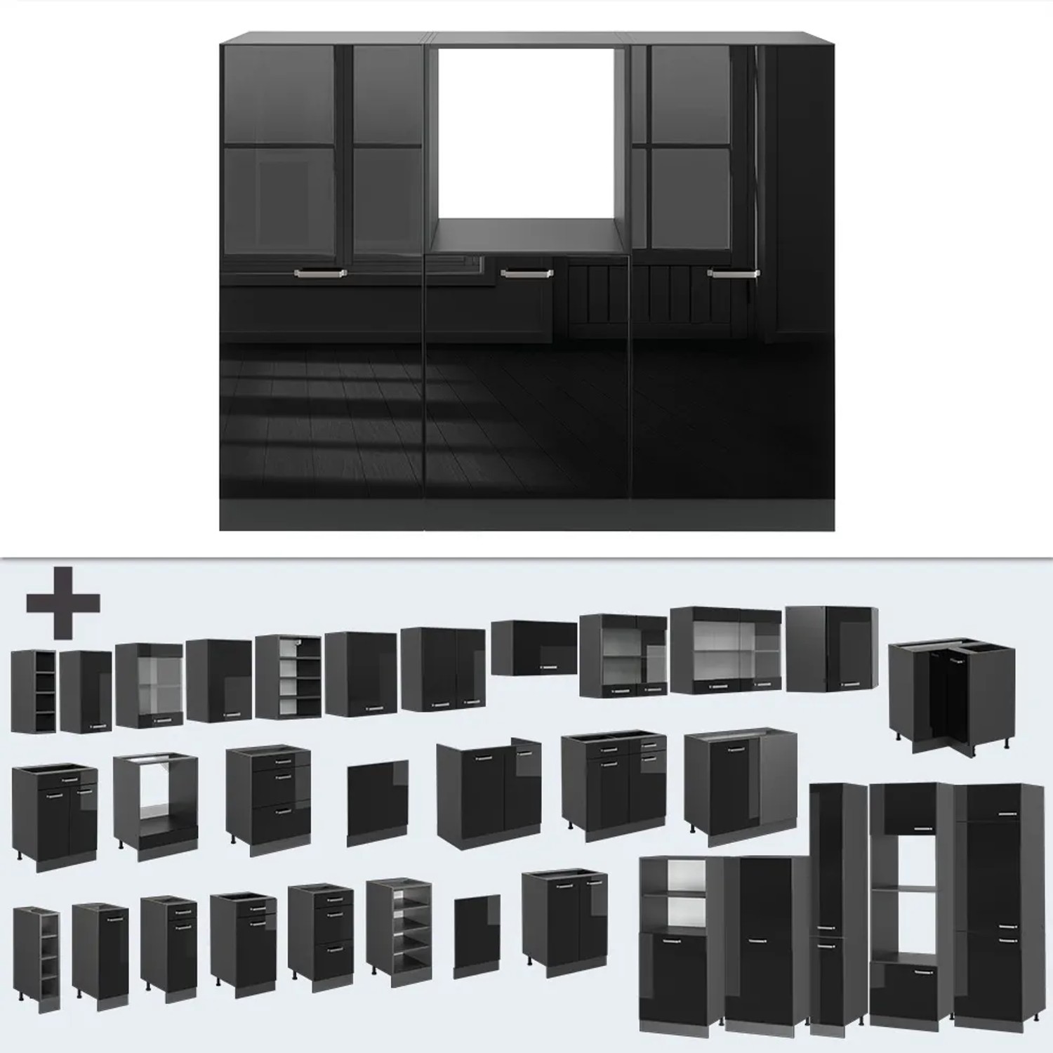 Vicco R-Line Küchenblock 180cm, Schwarz Hochglanz/Anthrazit, ohne Arbeitsplatte. Küchenzeile mit verschiedenen Modulen.