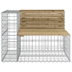 DELUKE Gabionen Gartenbank aus Stahl und braunem Kiefernholz. L-förmige Gabionenstruktur mit Holzlatten.
