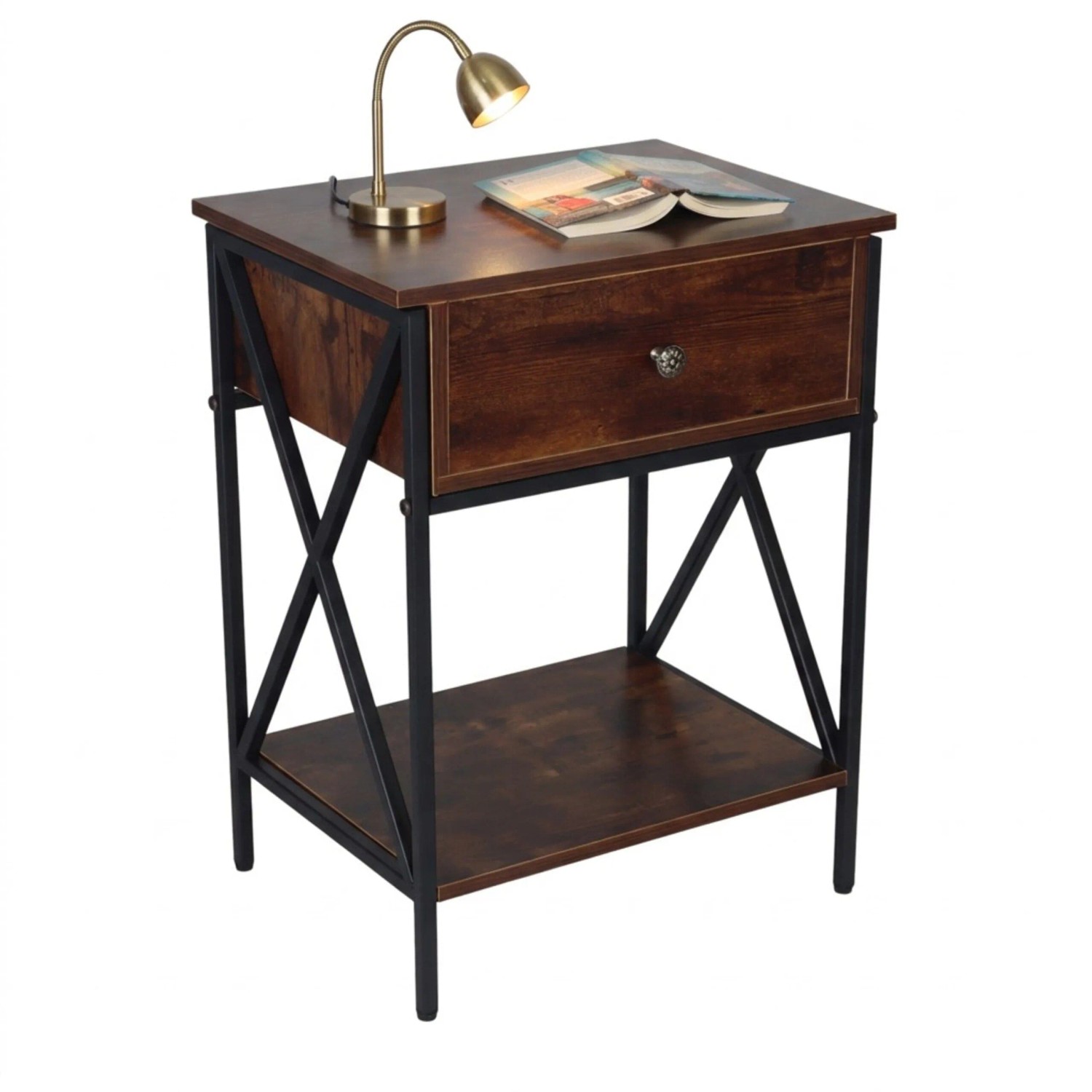 Relaxdays Nachttisch Eisen MDF Dunkelbraun Schwarz Verstellbar Rutschfest 55 cm x 40 cm x 30 cm
