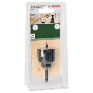 Bosch Lochsäge 38 mm für Spot-Strahler, geeignet für Holz und Gipskarton, in Verpackung.