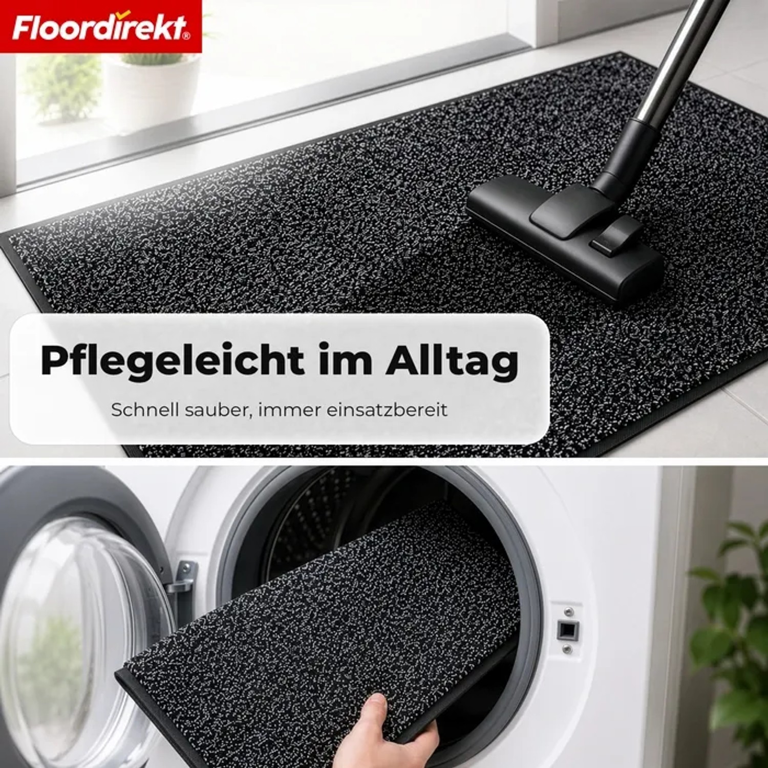 Anthrazit melierte Schmutzfangmatte wird gesaugt und in Waschmaschine gelegt. Waschbare, rutschfeste Fußmatte für Eingangsbereich.