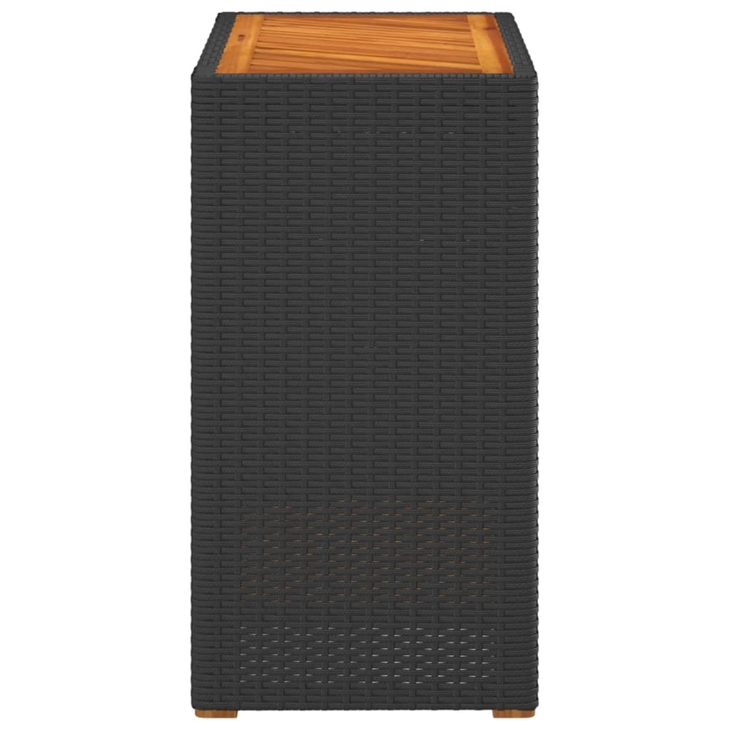 Schwarzer vidaXL Garten-Beistelltisch aus Rattan mit Holzplatte. Quadratisch, ca. 75cm hoch.