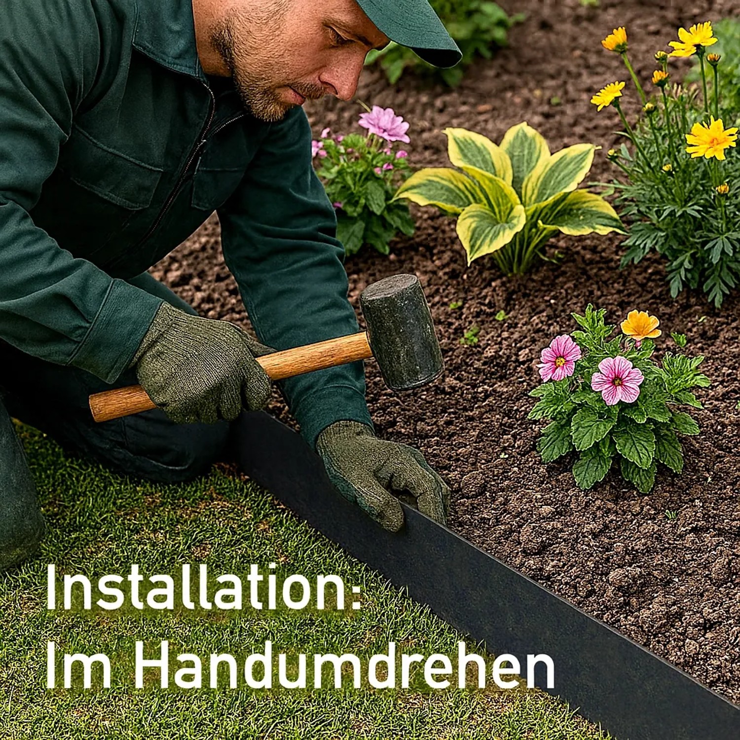 Mann verlegt anthrazitfarbene Metall Rasenkante als Beeteinfassung im Garten mit Gummihammer. Einfache Installation.