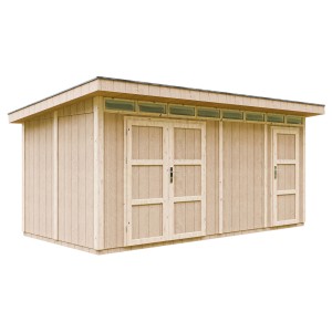 Grundiertes Timbela Holz-Gartenhaus M905C mit Flachdach, 530x279 cm.