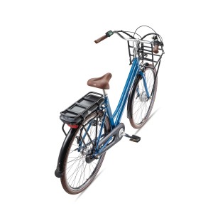 Blaues Telefunken City E-Bike 28 Zoll mit Frontmotor, Korb vorne und Gepäckträger mit Akku.