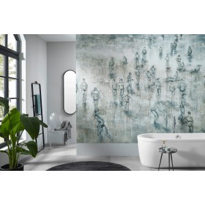 Erismann Fototapete Guido Maria Kretschmer Tag am Meer Blau, Badezimmer-Szene mit Badewanne und abstraktem Strandmotiv.