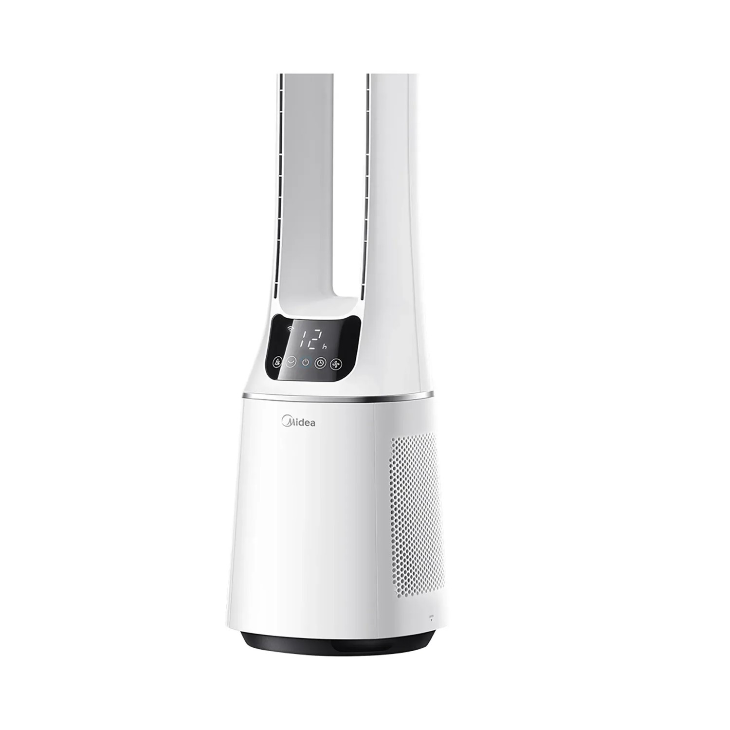 Weißer Midea Turmventilator mit Luftreiniger und digitaler Anzeige.