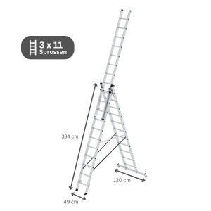 PROREGAL Mehrzweckleiter 3-teilig, 3 x 11 Sprossen, als Anlege-, Steh- oder Schiebeleiter nutzbar.