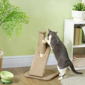 PawHut Kratzstamm in Braun mit Katze beim Spielen. Kratzsäule aus Spanplatte und Polyester.