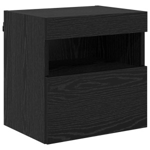 Schwarzes TV-Wandregal in Eichen-Optik (40x30x40 cm) mit Tür und Regalen.