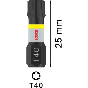 Schwarzer Bosch T40 Impact Control Torx Bit, 25 mm lang, mit gelbem Ring. Robustes Werkzeug für Schlagschrauber.