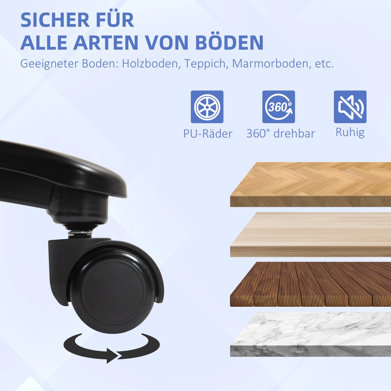 Detailaufnahme: Rollen des hellgrauen HOMCOM Bürostuhls, geeignet für verschiedene Bodenarten.