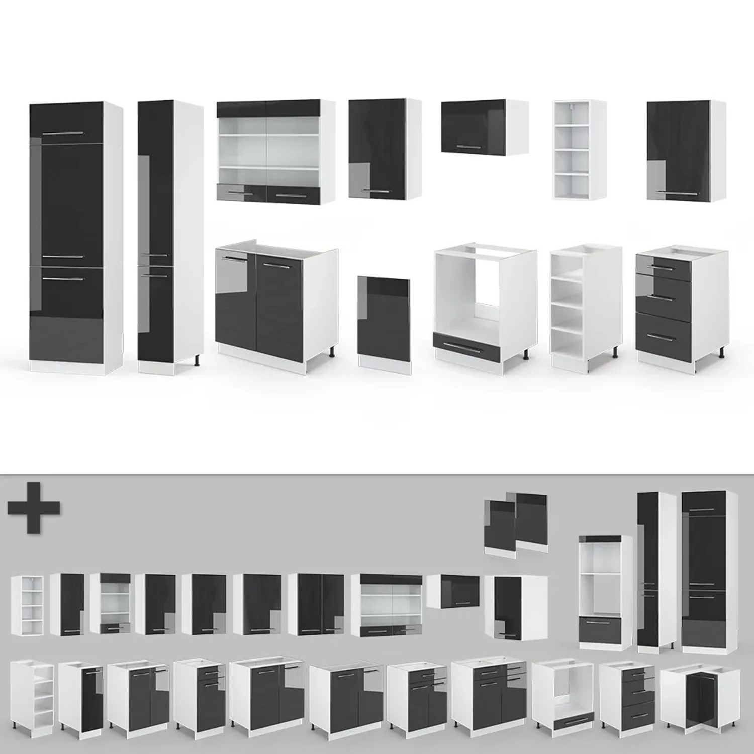 Vicco Fame-Line Küchenzeile, 355cm, Anthrazit/Weiß, Eiche Dekor, verschiedene Module.
