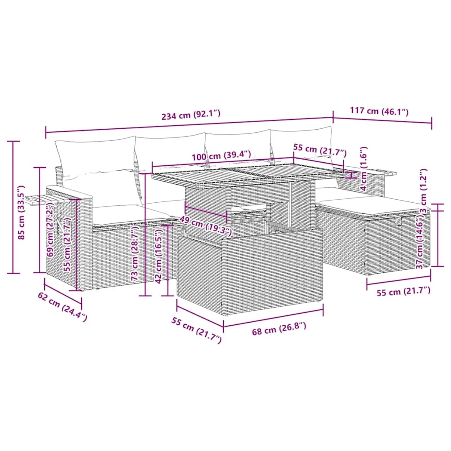 vidaXL 6-tlg. Garten-Sofagarnitur Beige Poly Rattan mit Maßen und Details.