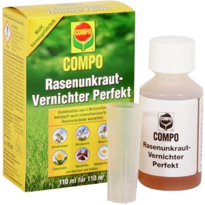 Compo Rasenunkraut-Vernichter Perfekt, 110 ml Flasche mit Dosierbecher und Umverpackung.