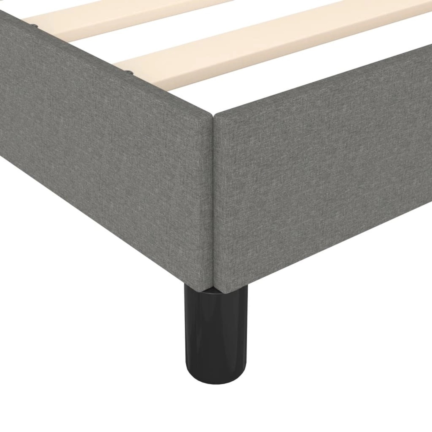 Dunkelgraues vidaXL Bettgestell (140x190 cm) aus Stoff mit Holzlattenrost und schwarzen Füßen.