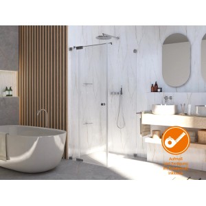Eckdusche Brava mit Drehtür, Festteil und Chrom-Beschlägen in modernem Badezimmer.