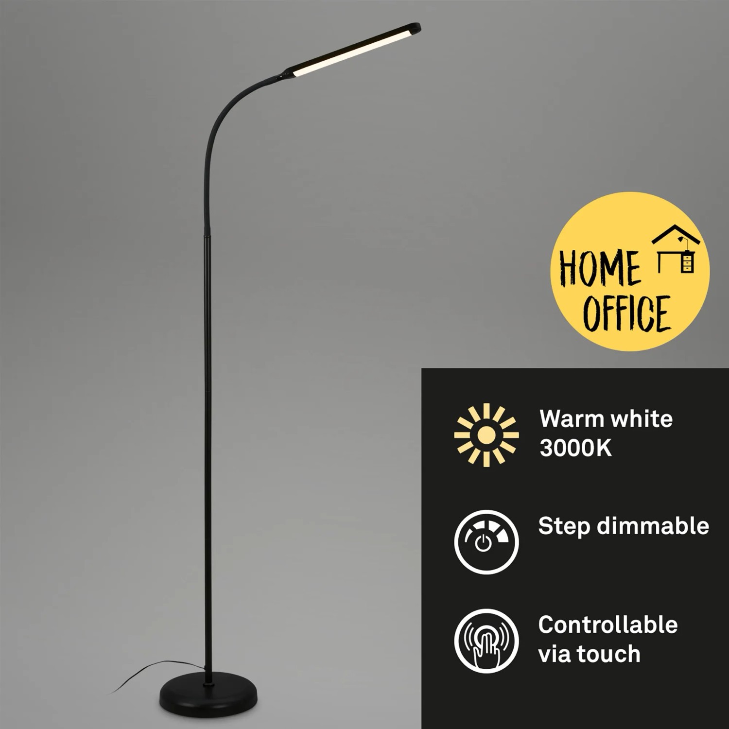 Schwarze, dimmbare Brilo LED Stehleuchte Pivaz mit Touch-Funktion und schwenkbarem Kopf.