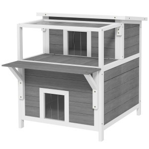 Graues PawHut Outdoor-Katzenhaus aus Tannenholz mit zwei Ebenen und Balkon.