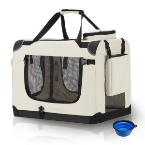 Beige Juskys Hundetransportbox Lassie M, faltbar mit Tragegurt, Netzfenster und blauem Trinknapf.