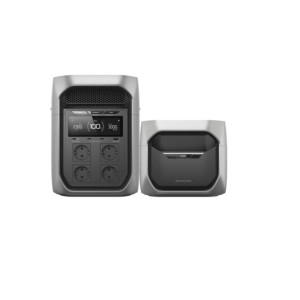 EcoFlow Delta 3 Max Plus Power Station und Zusatzbatterie. Graue, kompakte Energiespeicher-Einheiten mit Display und Steckdosen.