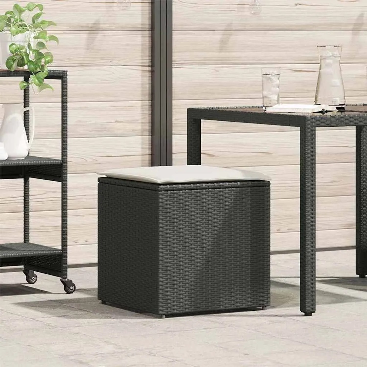 Schwarze vidaXL Kissenbox aus Poly-Rattan, 50x50x50 cm, zur Aufbewahrung im Garten.