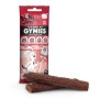 Lucky Jim Gymies Rind, Hunde-Belohnungssnacks im roten Beutel mit zwei Snacks im Vordergrund.