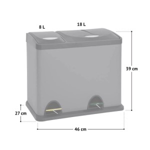 Grauer Svita TC2Combo26 Mülleimer aus Stahl, 26L (8L+18L), mit Tretmechanismus. Maße: 46x27x39 cm.