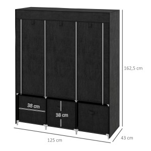 Schwarzer HOMCOM Stoffschrank (125x43x162,5cm) mit Kleiderstangen und Schubladen.
