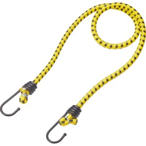 Gelb-schwarzer Gummiexpander mit Haken. 6er-Set in Rot, Blau, Gelb für Ladungssicherung, Fahrrad, Camping, Werkstatt.