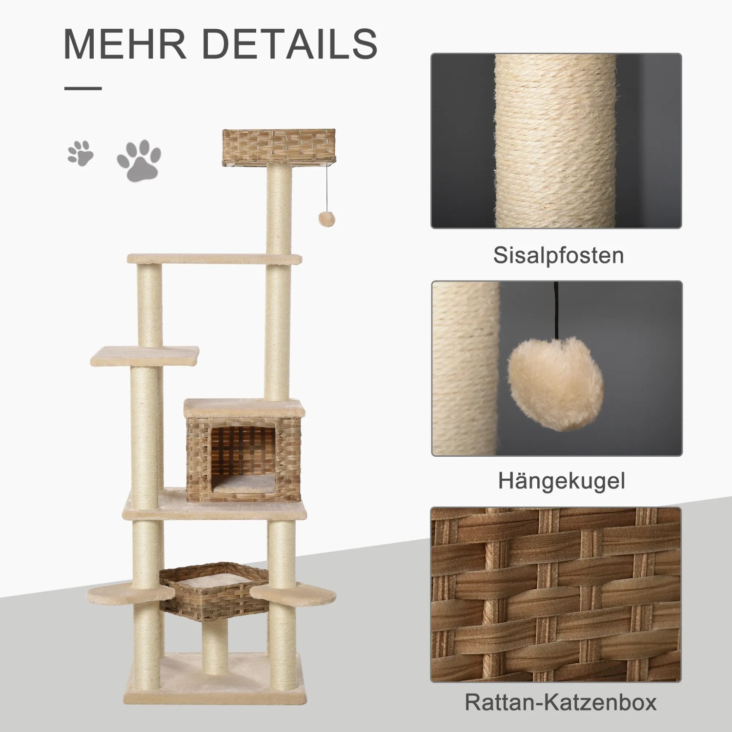 PawHut Rattan Kratzbaum mit Katzenhöhle, Sisalstämmen und Liegeflächen.