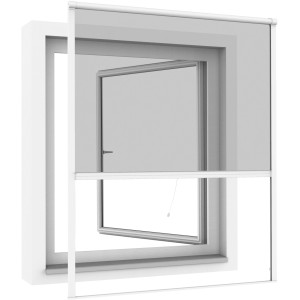 Weißes Windhager Insektenschutz Einhängerollo IS Plus 100x160 cm am Fenster.