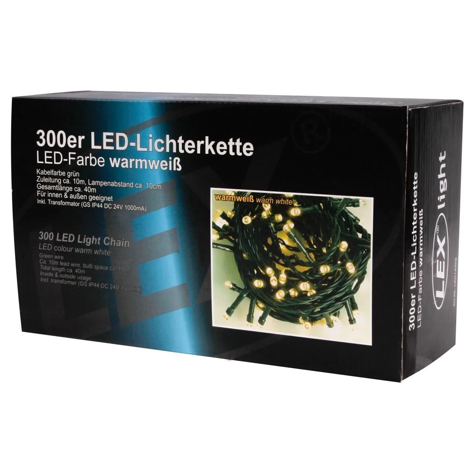 Lex 300er LED Lichterkette, 300 warmweiße LEDs, grünes Kabel. Außen & Innen. OBI Weihnachtslichterkette.